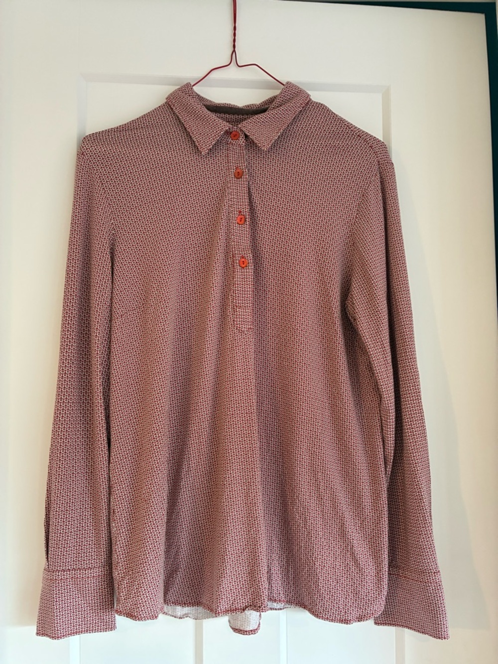 Royal Mer Women’s Long-Sleeve Button up Polo Shirt Red white heart pattern Med